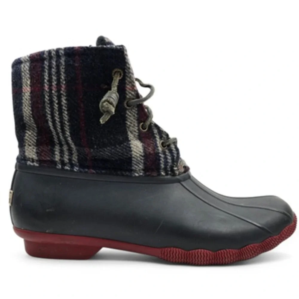 Sperry Saltwater Duck Boots Womens‎ 10 M Blue Red Wool Plaid Waterproof Rubber